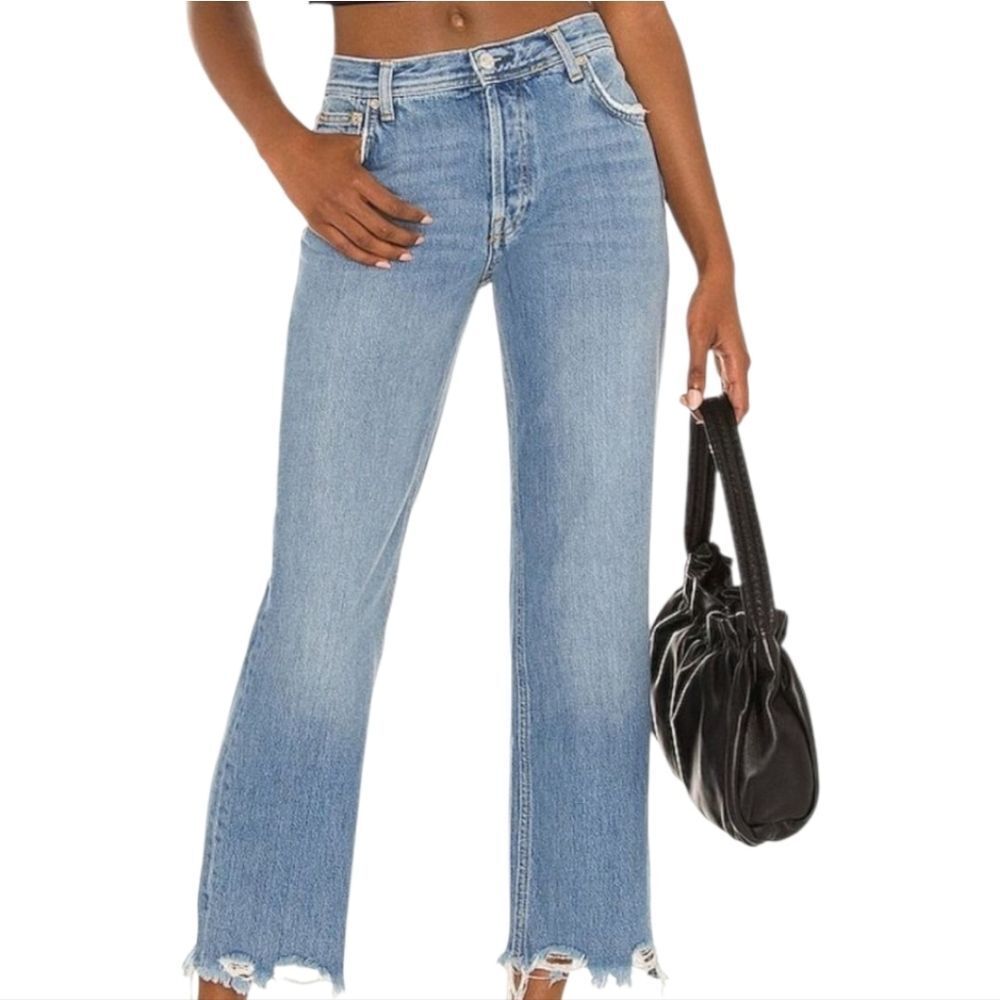 Free People Maggie Straight Cropped Jean Size 27 Raw Hem Light Wash  Medium Wash